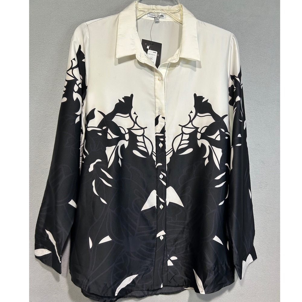 Womens Abstract Top Size Large Beige Black Button Up Long Sleeve Cottage Core